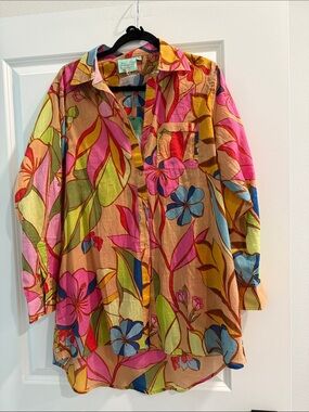 NWT True Destinations Floral Button-Up Shirt beach cover up - Multicolor sx m